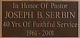 Plaque honoring Pastor Serbin for 40 years of service.